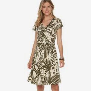 Chaps 100% cotton olive green & ivory tropical print faux wrap dress size large